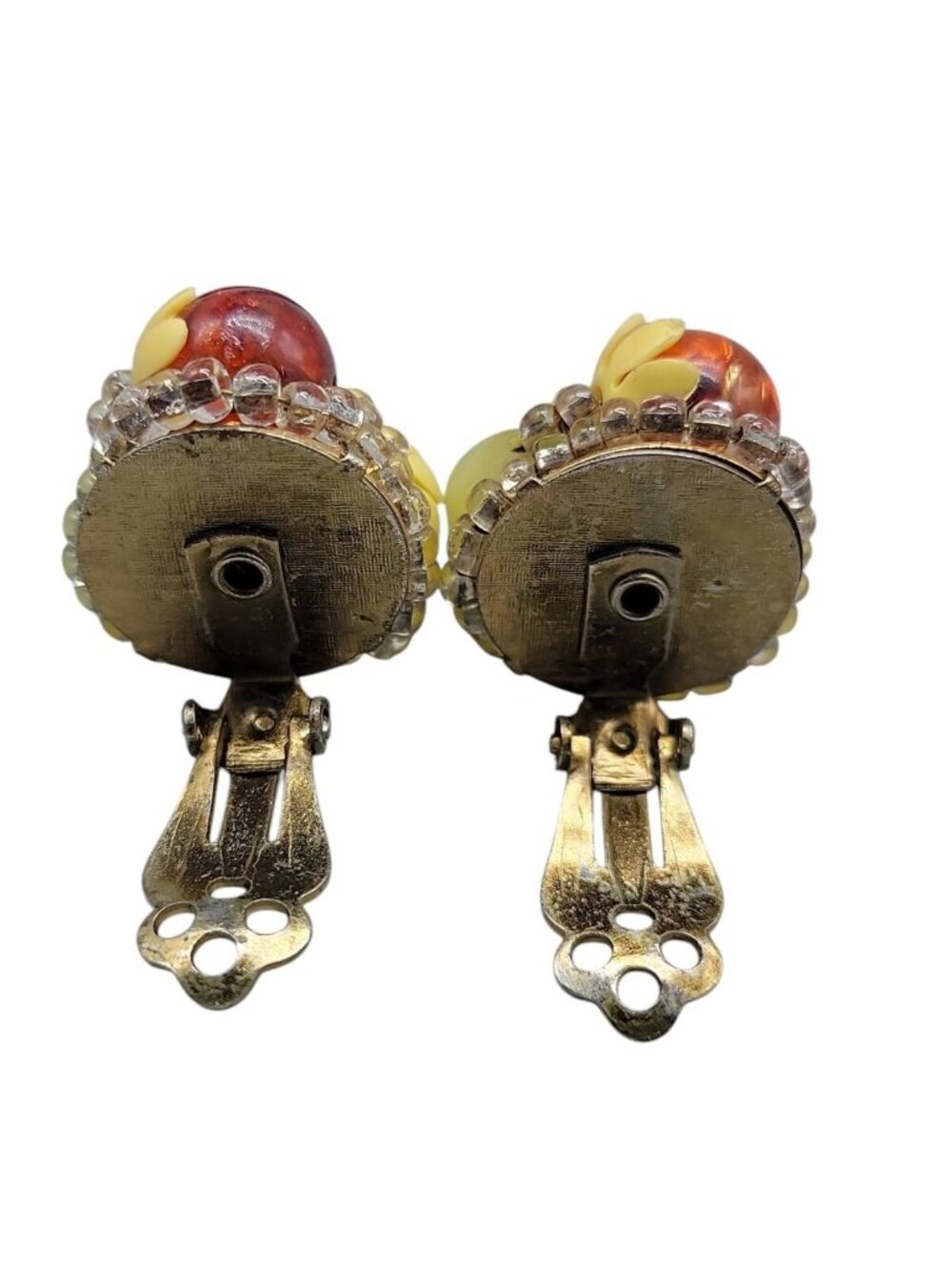 Fruit Salad Clip On Earrings Vintage Lucite Cluster Beads Gold Tone Setting - Picture 9 of 9